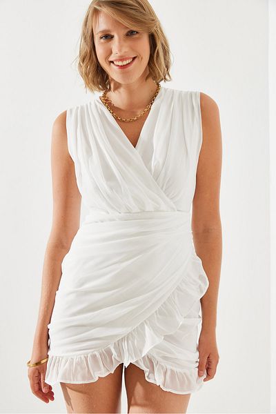 Bianco Lucci Asymmetrical Cut and Gathered Chiffon Mini Dress - Women's Strappy Tulle Dress60251295