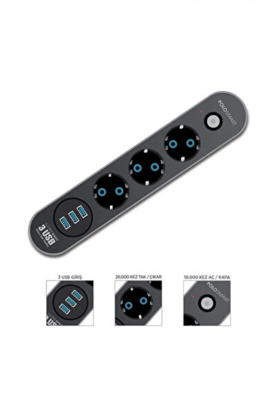 MATECHNO Akım Korumalı Isıya Dayanaklı 3x Grup Priz ve 3x USB Şarj Çıkışı