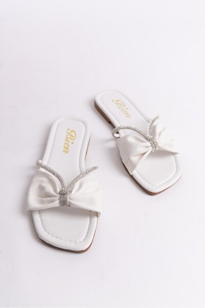 Bak Store White Choke Bow Detailed Stoned Flat Women's Slippers