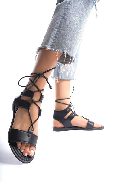 Bak Store Sandale Bodrum Gladiator cu șiruri negre pentru femei