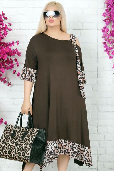 Kheos Shoulder Low-cut Buckle Leopard Pattern Lycra Asymmetrical Stylish Dress