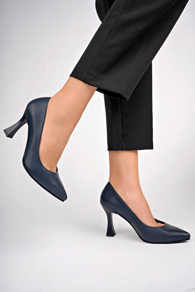 Deripabuc Genuine Leather Navy Blue Women's Heeled Leather Shoes Shn-0861