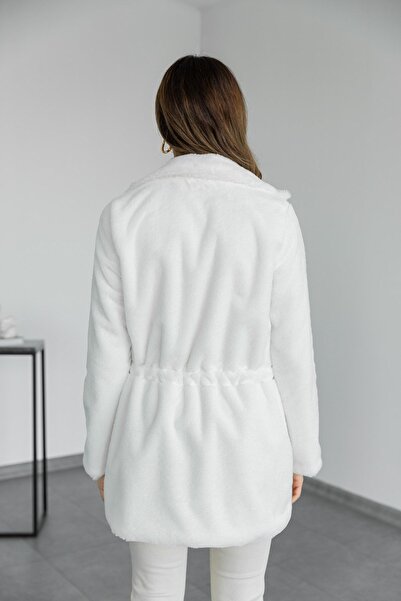 HARMONY GLOBAL Λευκό βελούδινο παλτό - Διπλή τσέπη και φερμουάρ, με φόδρα, γυναικείο, 2049