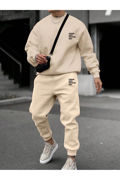 Black Sokak Men's Beige Tracksuit Set - Crew Neck, Husband Daddy Printed, Double Pocket