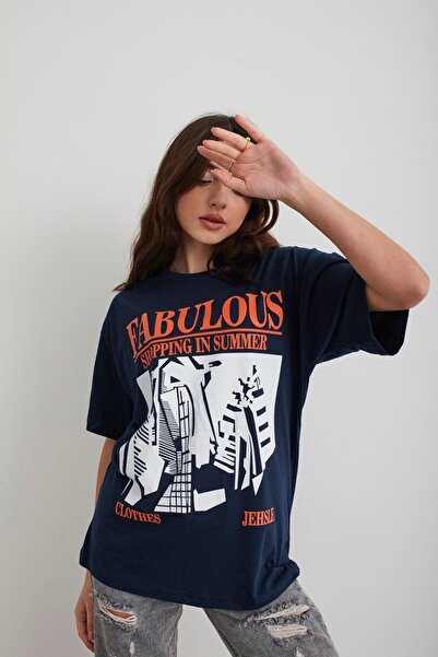 Mad&Calf Γυναικείο μπλουζάκι Navy Blue Fabulous με στάμπα Oversize