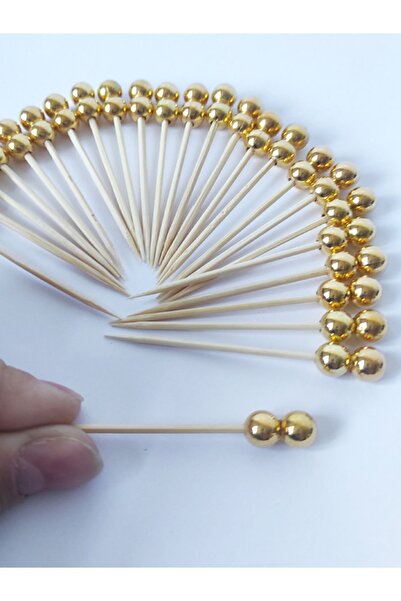 Tasarı Mağazası 50 Adet Dekoratif Gold Çift Incili Kokteyl Kürdan 6 Cm - Inci 8 Mm