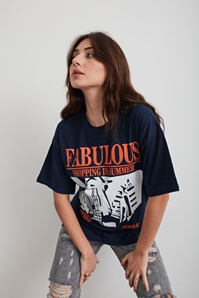 Mad&Calf Γυναικείο μπλουζάκι Navy Blue Fabulous με στάμπα Oversize