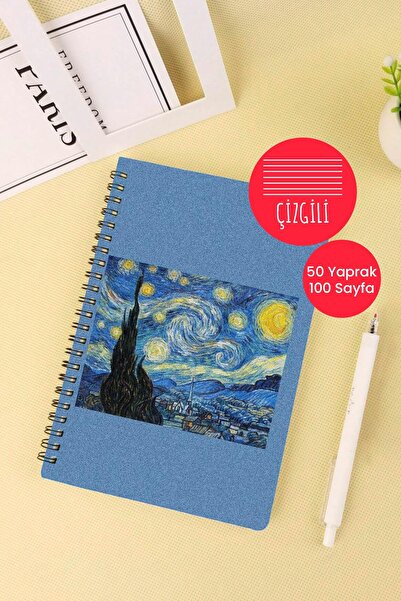 Anime Marketi دفتر مدرسي حلزوني مقاس A5 بتصميم فان جوخ، 50 ورقة، 100 صفحة - مسطر