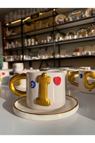 Banuart I Letter Evil Eye Beaded Heart Gift Handmade Ceramic Coffee Cup