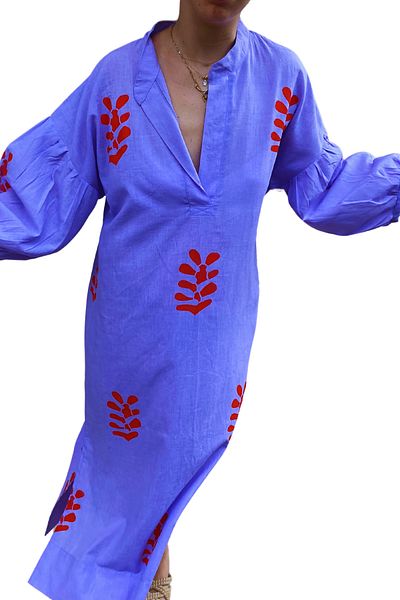 Işin Tasarım Lilac Cotton Prevailing Collar Dress - Handmade Printed with Three-Quarter Sleeves and Side Slits