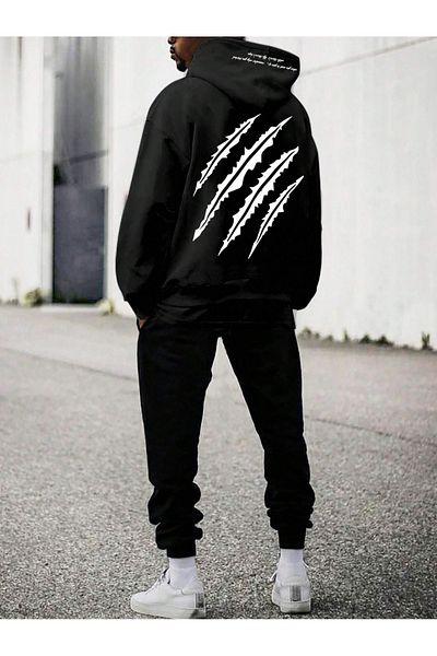 Black Sokak Men's Black Tracksuit Set - Hooded, Kangaroo Pocket and Paw Print