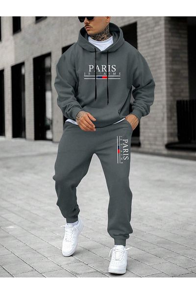 Black Sokak Men's Anthracite Tracksuit Set - Hooded, Kangaroo Pocket, Printed Paris Jet Family