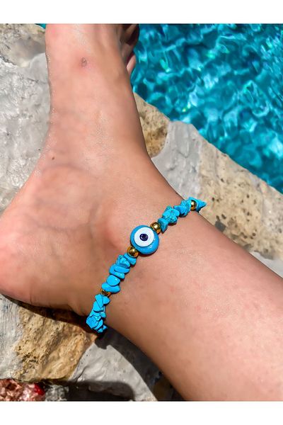 Lucky Designs Blue Glass Evil Eye Basement Bead Broken Coral Anklet / Summer Anklet