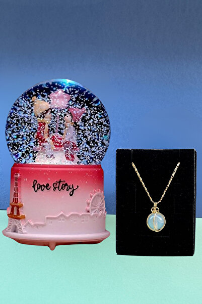 Saltos Ay Taşlı Kolye ve Müzikli Işıklı Kar Küresi Öğretmene Hediye Doğum Gün...