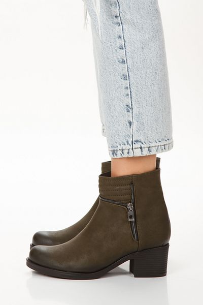 L&L Χακί Γυναικείες Μπότες - Nubuck Look, Χαμηλό Τακούνι