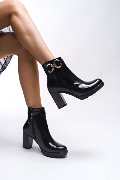 Riccon Beiverra Kadın Zincir Detaylı Yüksek Topuklu Bot 0012502 Siyah Rugan