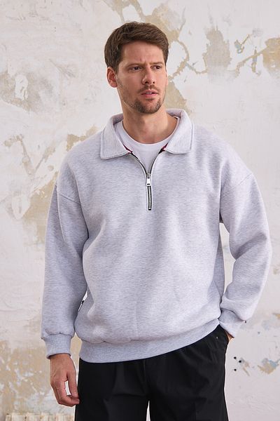 COMBİNE MİCHAİL Men's Fleece Cotton Sweatshirt - Half Zip, Relaxed Fit, Grimelange