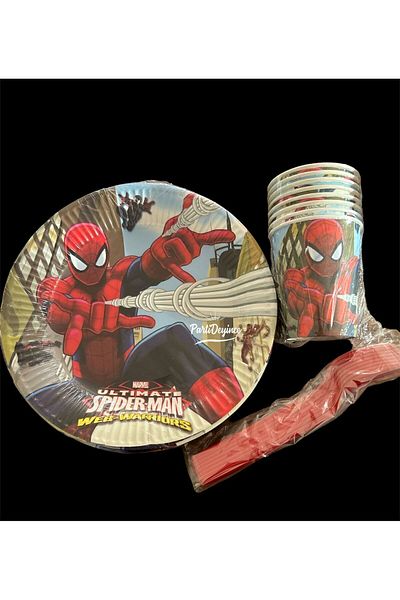 partideyince Spiderman Red Spiderman - 8 Person Boy Birthday Plate Cup Fork Set