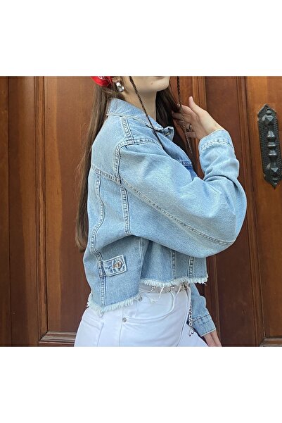 NloveS Açık Mavi Etek Ucu Püsküllü Crop Kot Ceket