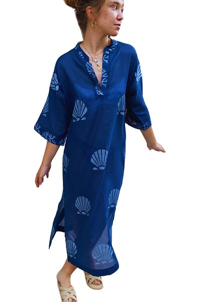 Işin Tasarım Koton Prevailing Collar, Navy Color, Three-Quarter Sleeve, Side Slit, Handmade Printed Dress
