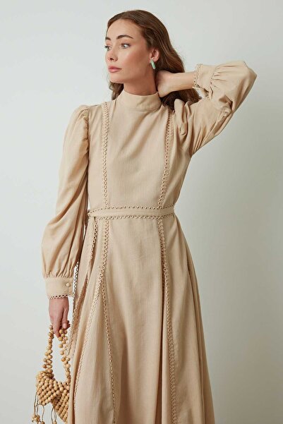 Hooopstore Φόρεμα από λινό καφέ γάλακτος Kazabilanka