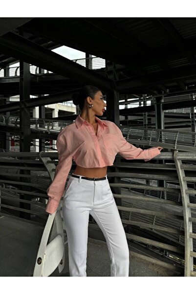 Zenistra Kadın Pembe İtalyan Yaka Uzun Kollu Sırt Detaylı Crop Gömlek 8117