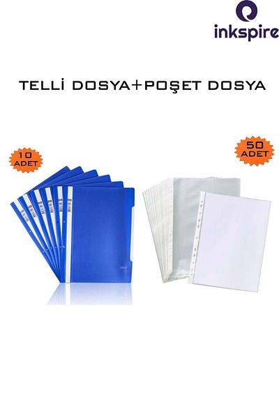 inkspire A4 Blue Wire and 50 Transparent Bag Files - Föy File with Holes on the Edge