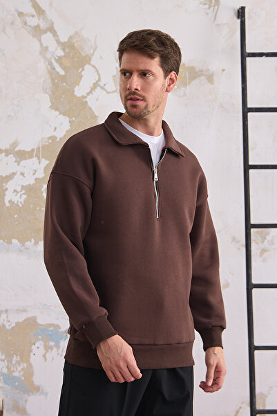 COMBİNE MİCHAİL Erkek Yarım Fermuar Rahat Sweatshirt KAHVERENGİ