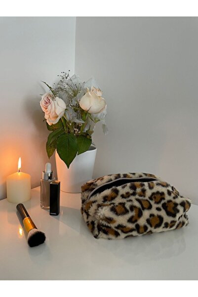 WOOLY حقيبة مكياج قطيفة بنمط الفهد - حامل قلم تجميل متوسط الحجم