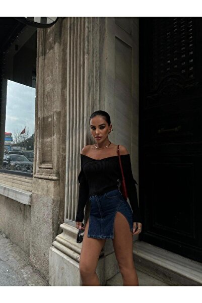 Butik Kadın Siyah Omuzları Açık Pamuklu Triko Kazak 1314