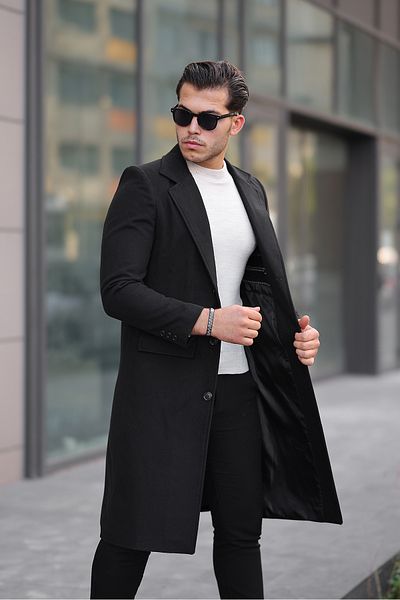 Mero Life Μαύρο μακρύ μάλλινο ανάμεικτο ανδρικό παλτό με λεπτή εφαρμογή