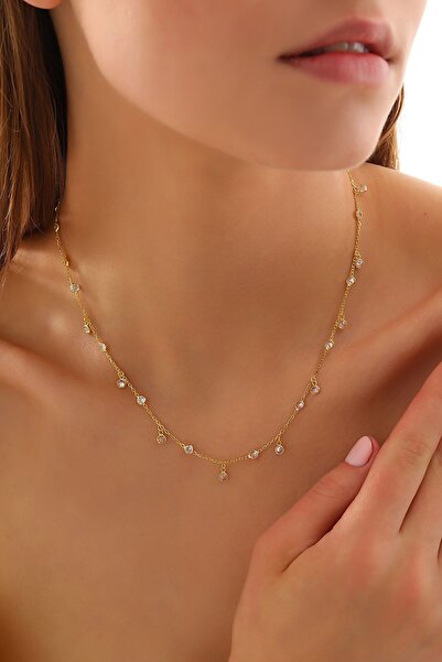 Queen Silver Jewelry 925 Ayar Gümüş, Sallantı ve Sıralı Zirkon Taşlı Kolye