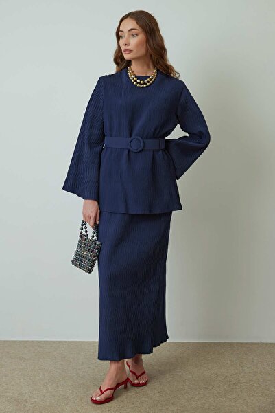 Hooopstore Navy Blue Satin Skirt Set - Pleat