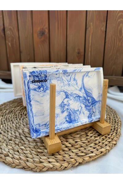 Çisem Dekoratif Mermer Görünümlü Vernikli Mavi Beton Mumluk,takı Ve Saksı Altlığı Dikdörtgen Tepsi