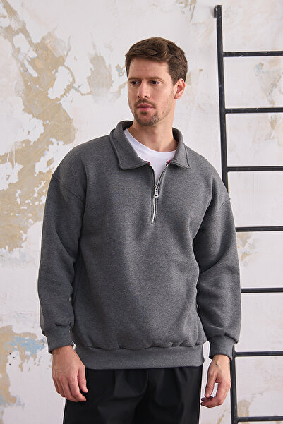 COMBİNE MİCHAİL Men's Half Zipper Casual Sweatshirt Black Smoked