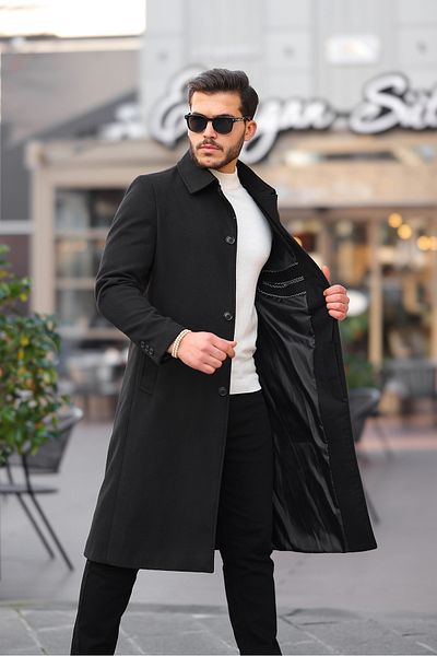 Mero Life Negru Slim Fit - Lână amestecată pentru bărbați, pardesiu, guler cămașă