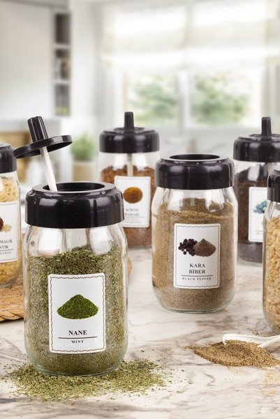 çarşıdayız 12-Piece Glass Spice Jar Set with Self-Dispensing Spoons & 25 Labels