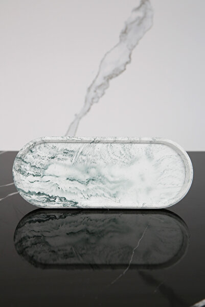 betonmall Mermer Desenli Dekoratif Oval Sunum Tepsisi Tabağı Sunumluk 9x23 Cm