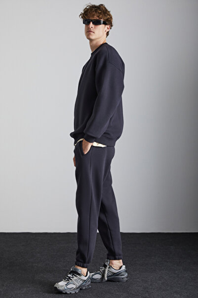 GRIMELANGE Kyoto Erkek Organik Pamuklu Içi Polarlı Geniş Kesim Paçası Lastikli Jogger Antrasit Eşofman Altı