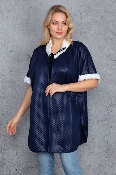 Şans Γυναικείο μεγάλο μέγεθος Navy Blue Faux Fur Λεπτομερές καπιτονέ μοτίβο Κάπα 65n35430