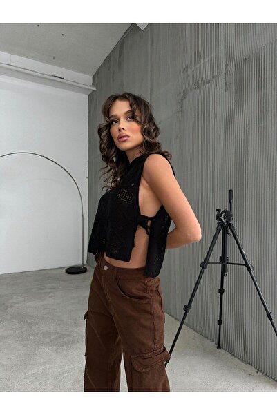 Butik Kadın Siyah Yandan Bağlamalı Bisiklet Yaka Örme Triko Crop Bluz 1317