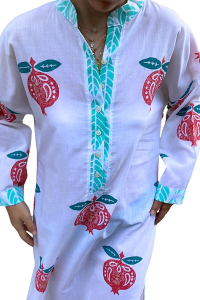 Işin Tasarım Koton Prevailing Collar, White Color, Three-Quarter Sleeve, Side Slit, Handmade Printed Dress