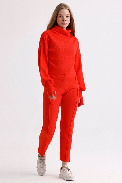 MD trend Balloon Sleeve Crop Sweater and Stitched Pants - Women's Knitwear Set