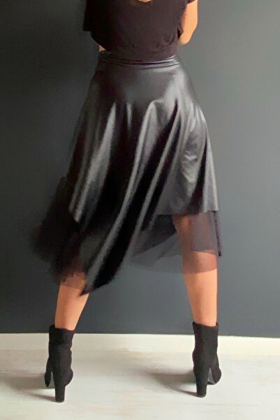 Quincey DERİ TÜL YIRTMAÇLI ASİMETRİK ETEK