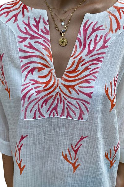 Işin Tasarım Ecru Colored Cotton V-Neck Three-Quarter Sleeve Slit Handmade Printed Dress