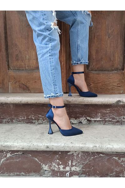 Atelierby DS Navy Blue Satin Heel Bracelet Women's Heeled Shoes