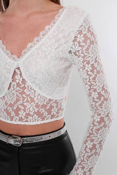 Butik White Long Sleeve Crop Blouse - Back Low Cut, Clasp Closure 1486-1