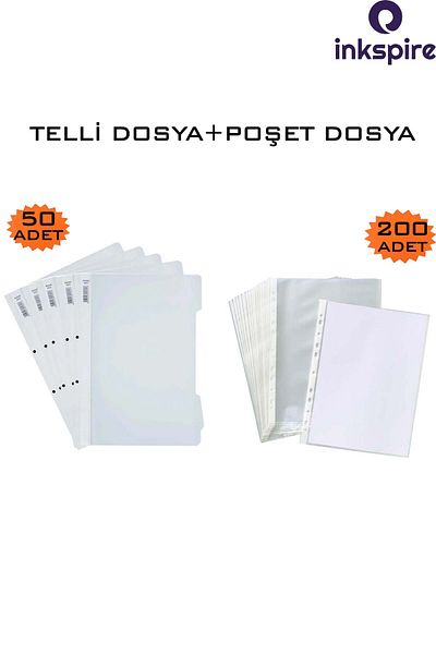 inkspire A4 White Wire and Transparent Bag File - 50 Pieces of Föy File with Holes on the Edge