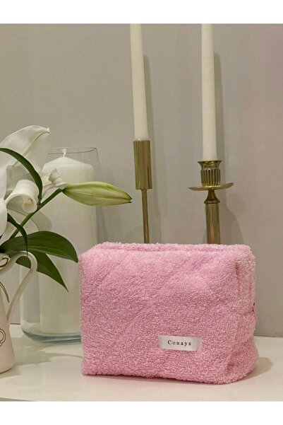 Pembe Havlu Kumaş Düzenleyici Kozmetik Makyaj Çantası Süper Boy Ölçüler 22x10x13