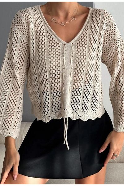 miratriko V-Neck Gathered Openwork Sweater - Seasonal Perforated Blouse 100% Cotton